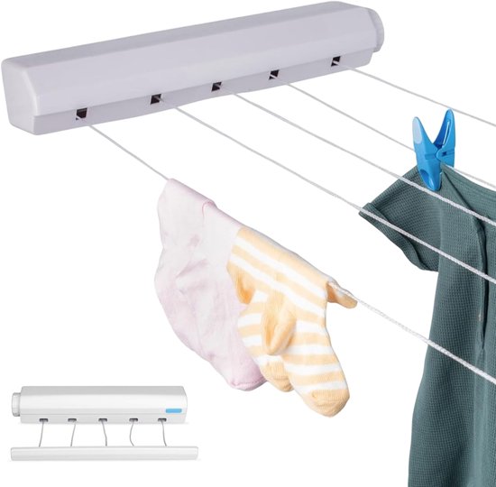 Luft Uittrekbare Wand Waslijn – 5 Lijnen – 4m – Hangend Droogrek voor Binnen & Buiten – Compact & Uitschuifbaar