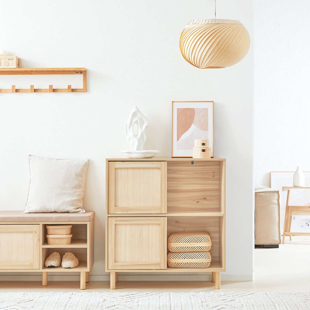 SoBuy Dressoir / Buffetkast met 2 Schuifdeuren en Wieltjes – Houten Opberger – 80×35×87 cm – Naturel