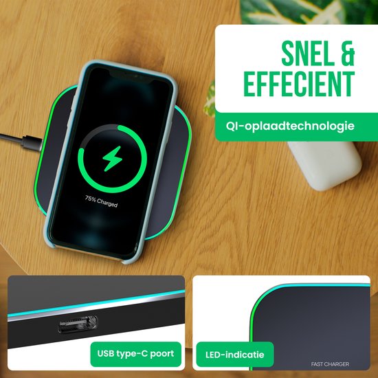 Strex Draadloze Oplader 15W - Inclusief Kabel - QI Snellader - Wireless Charger - Fast Charger - LED Indicatie