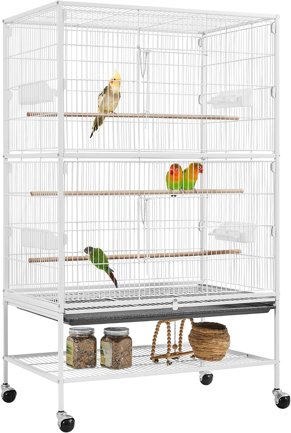 Yaheetech Vogelkooi met Standaard – 79 × 51,8 × 132 cm – Wit – Parkietenkooi met Wielen, 3 Houten Zitstokken en 4 Voederbakken