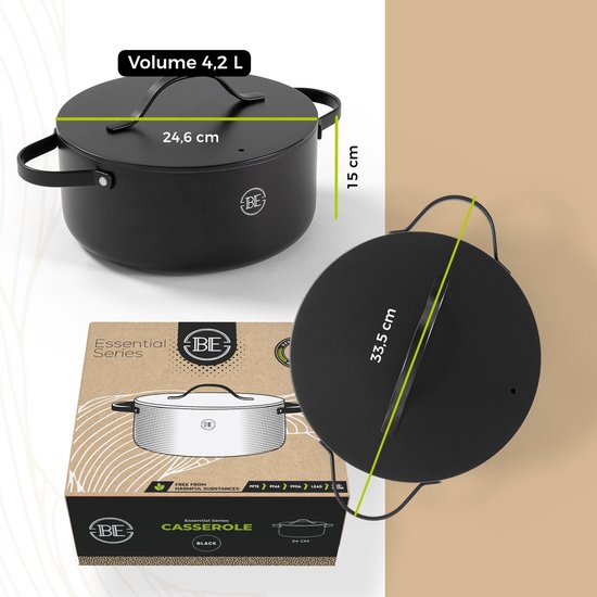 BE Living Essential Braadpan met Deksel - Ø 24 cm - Kookpan - Keramisch - PFAS vrij - Inductie - Zwart