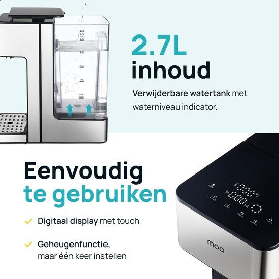 MOA Heetwaterdispenser - 2.7L - BPA vrij - 2400W - 27x15x30 cm - Zilverkleurig