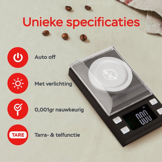 Kitchenwell digitale mini precisie keukenweegschaal - 0,001 tot 100 gram - 11.0 x 6.3 cm - pocket scale op batterij - weegschaal keuken