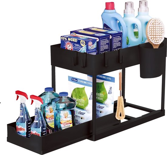 Nexxt Keukenkast Organizer - 2 Lagen – Rek met Uitschuifbare Lade - Inclusief Haakjes en Bakjes – Gootsteen Organizer - Zwart