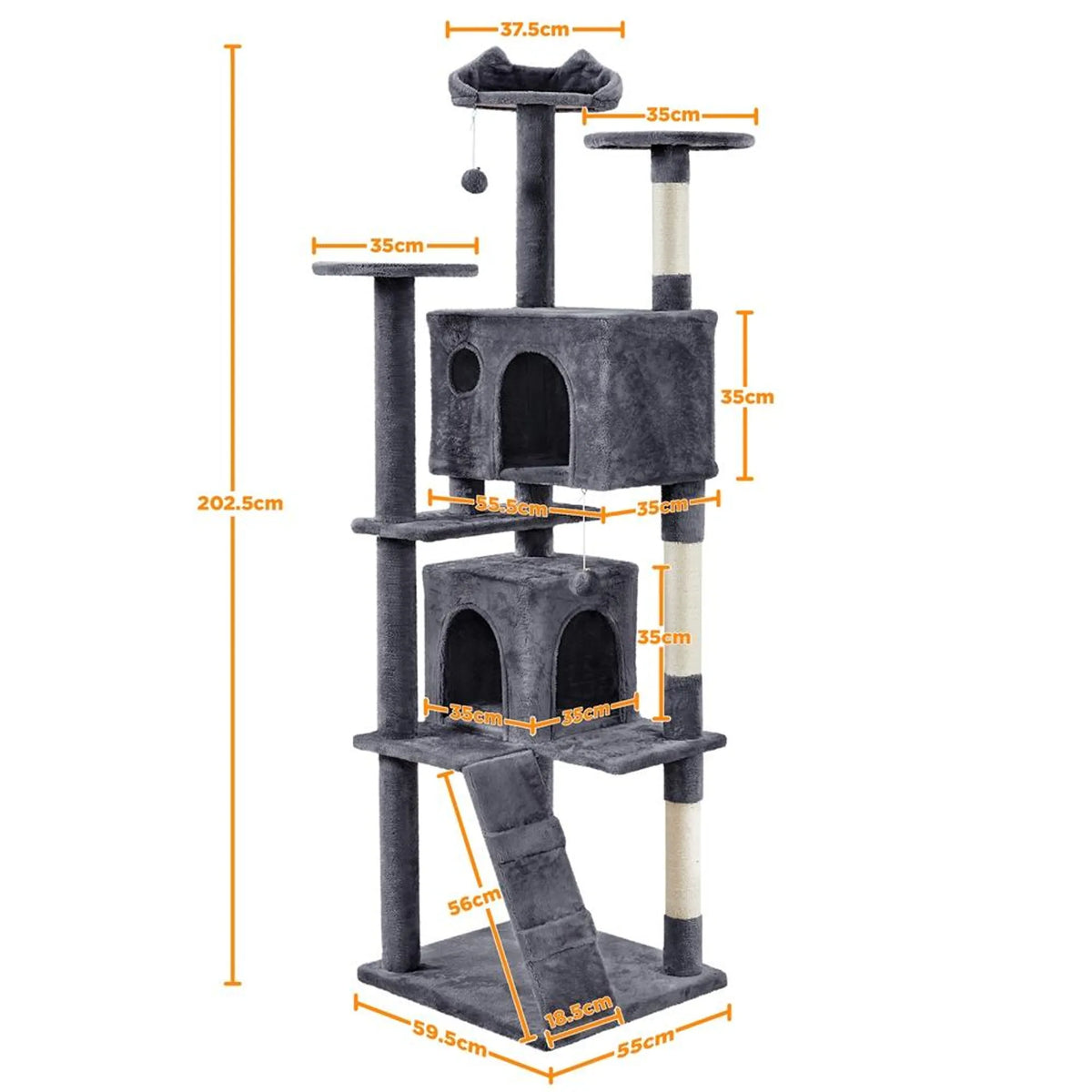 Yaheetech Krabpaal XXL Met Twee Kattenmanden – Voorzien Van Klimhelling En Ligkussen In Kattenoorvorm En Hangende Speelballen – Voor Huishoudens Met Meerdere Katten – Donkergrijs Pluche En Sisal – 59,5 x 55 x 202,5 cm