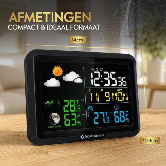 MostEssential Classic Edition Weerstation - Plug & Play Installatie - Draadloos - Weerstation met Buitensensor - Hygrometer - Binnen en Buiten - 100 Meter Bereik - 1 sensor