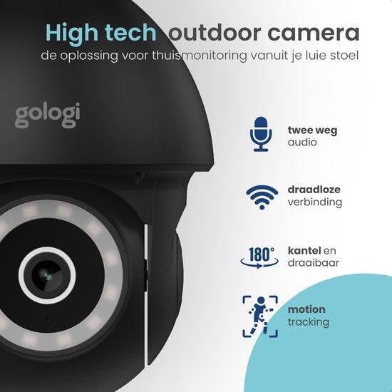 Gologi Superior Outdoorcamera 2 - Buiten camera met nachtzicht - Beveiligingscamera - Security camera - Muur & Dakbevestiging - 4MP - Met wifi en app - Zwart