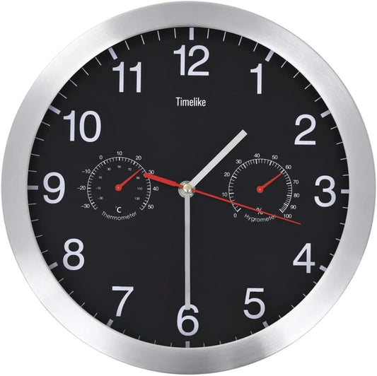 VidaXL Wandklok Ø 30 cm met Thermometer en Hygrometer - Nauwkeurig Kwartsuurwerk - Aluminium Zwart