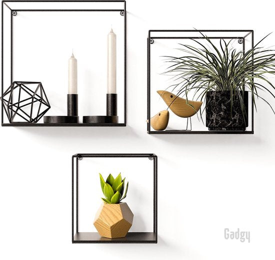 Gadgy Vierkante Wandrekken Industrieel - Set van 3 - Metaal - 32, 27 en 22 cm - Zwart