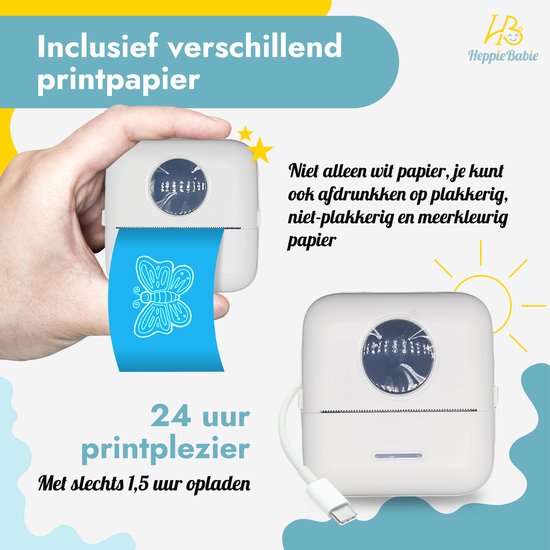 HeppieBabie Bluetooth Pocket Printer - Mini Printer - Sticker - Mobiele Fotoprinter - Incl 16 Papierrollen