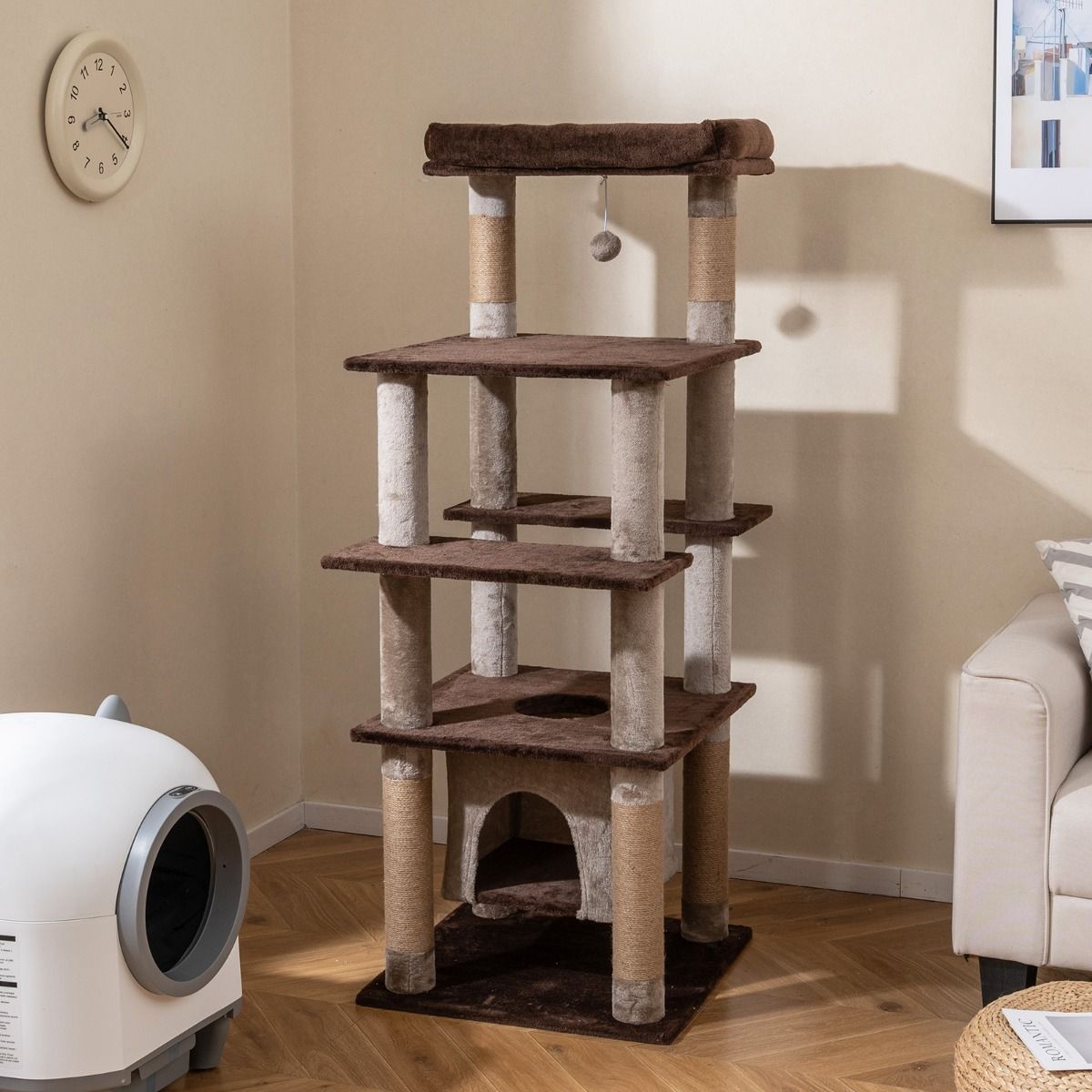 Coast Krabpaal voor katten - meerdere niveaus - schommelend kattenhuis - pluche ligbed - bruin - 56 x 56 x 148 cm