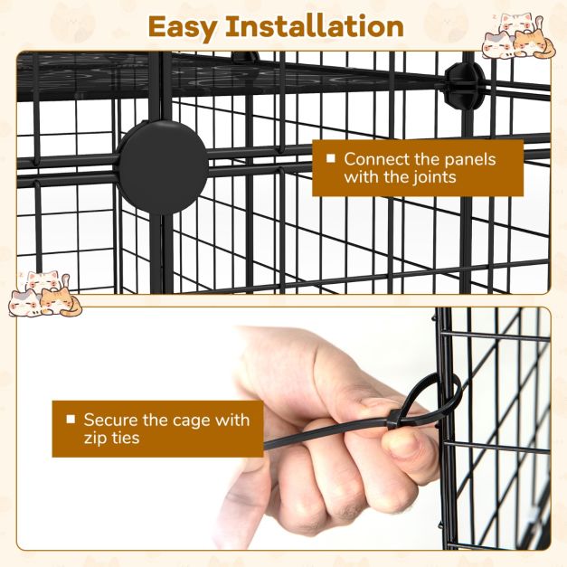 Ruime 4-laagse kattenkooi 143 cm hoog – Zwarte metalen draadkooi met hangmat, plateaus en ladders voor katten en kleine huisdieren