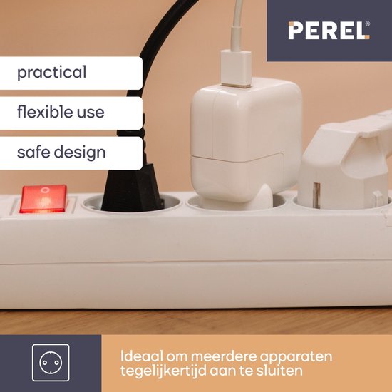 Perel Stekkerdoos met schakelaar, 4 stopcontacten met penaarde (type E), kabel 3 m, 3G1.5, gebruik binnenshuis, wit