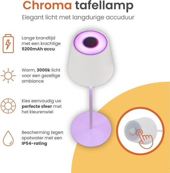 Goliving Chroma Tafellamp Oplaadbaar – Draadloos en Dimbaar – Touch Lamp – Nachtlamp Slaapkamer & Woonkamer – RGBW – 37,5 cm – Wit