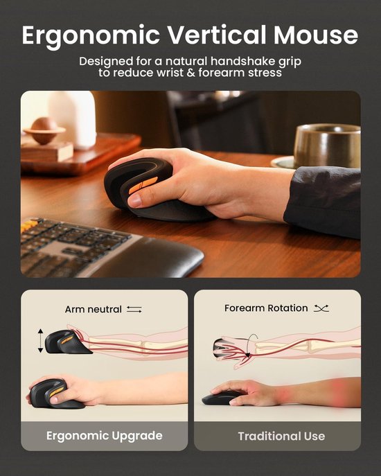 Ergonomische Verticale Muis – Draadloze Ergonomische Muis – Bluetooth & 2.4 GHz – USB-C Oplaadbaar – Voor 3 Apparaten – Instelbare DPI – Stil – Zwart (Rechtshandig)