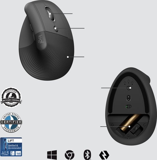 Logitech Lift Serie - Vertikale Muis - 4000 DPI - Draadloos
