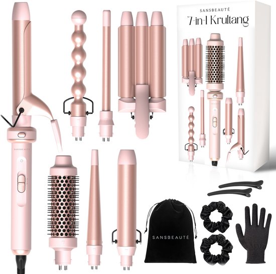 Sansbeauté® 7 in 1 Krultang met Klem en Wafeltang - Keramische Haarkruller - 13mm tot 38mm - Wafeltang - Föhnborstel Kort Haar - Warmteborstel - Krultangen - Thermal Brush - Haarstyler - Krulborstel 5 in 1