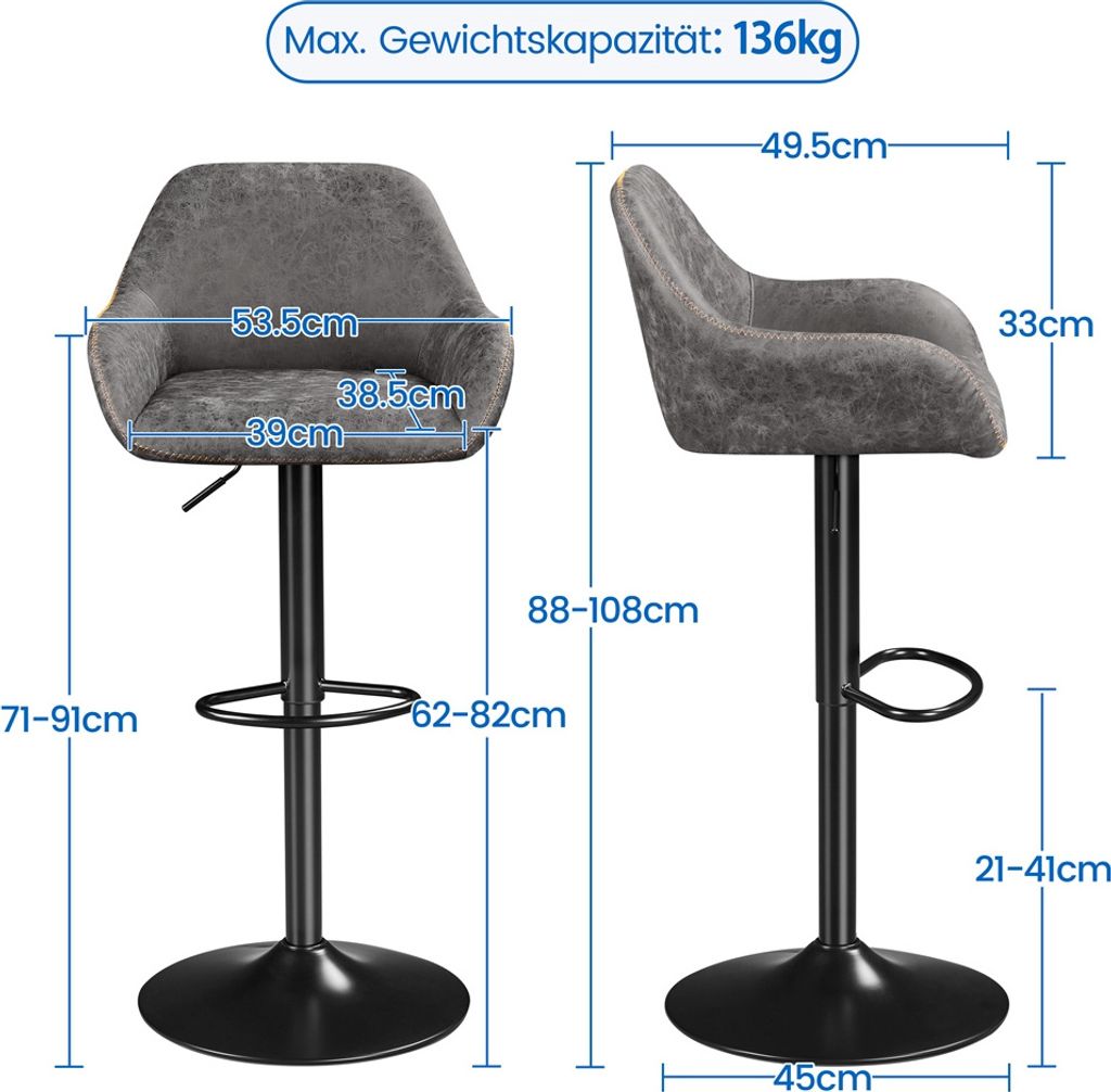 Yaheetech 2er Set Barkrukken met Rugleuning - Draaibaar 360° - In Hoogte Verstelbaar 87,5-107,5 cm - Kunstleer en Metaal - Grijs
