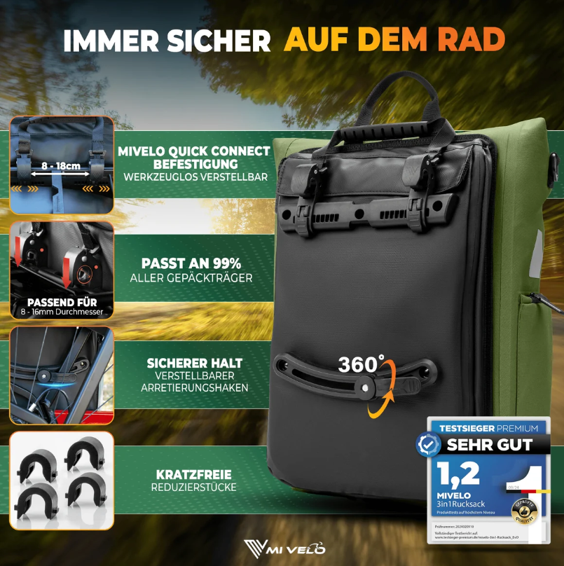 MiVelo EVO Fietstas Rugzak - 25 L - 100% Waterdicht - 3-in-1 - Laptopvak - 60 x 30 x 15 cm