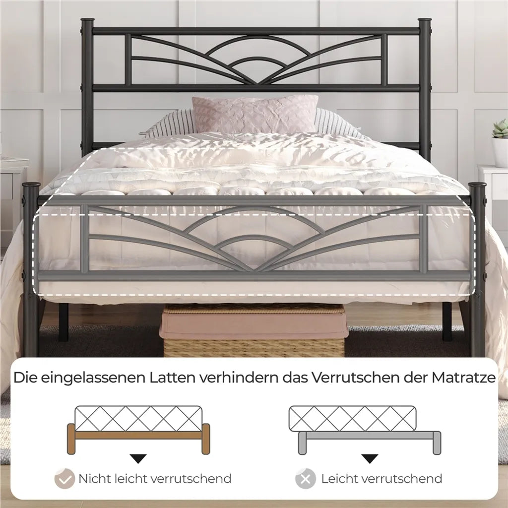 Yaheetech Metalen Bedframe 90 x 200 cm - Zwart - Met Wolkenpatroon Hoofdbord