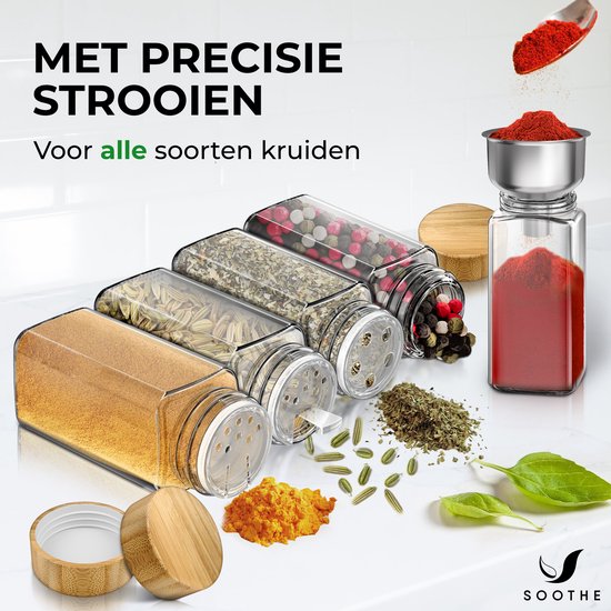 Soothe 48 Glazen Kruidenpotjes Vierkant met Bamboe Deksel – 2 Soorten Strooideksels – Kruidenstrooier – Spice Jars – Complete Set incl Kruiden Stickers, Krijtstift en Accessoires – 120ml