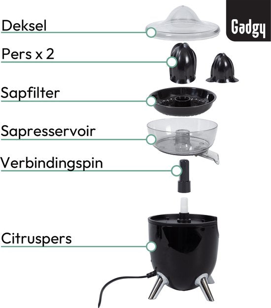 Gadgy Citruspers Elektrisch - Sinaasappelpers en Citroenpers met Schenktuit - Juicer met 2 perskegels - Antidrupsysteem - Antislip - 100W - Zwart - Vaatwasserbestendig