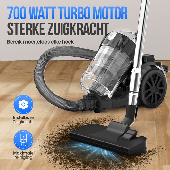 Strex Stofzuiger Zonder Zak - 700W Krachtige Zakloze Stofzuiger - HEPA Filter - 2.5L Stofreservoir - Extra Lang Snoer - Inclusief 4 Opzetstukken