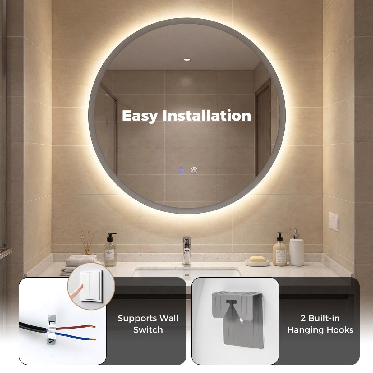 Coast Ronde LED-badkamerspiegel - make-upspiegel met achtergrondverlichting - 3 lichtkleuren - 60 cm - zilver