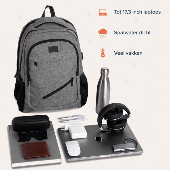 TRVLMORE Rugzak - 36L - 17 inch - Laptop Rugtas - Schooltas - Unisex - Spatwaterdicht Grijs