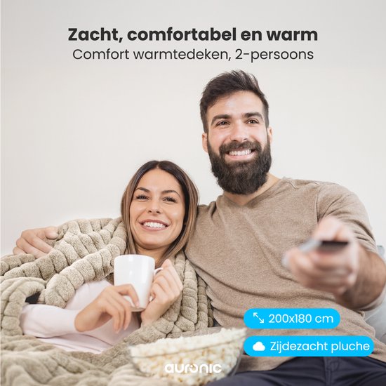 Auronic Elektrische Deken - 200 x 180cm - 2 Persoons - Warmtedeken - 3 Warmtestanden - Pluche - Verwarmingsdeken - Taupe
