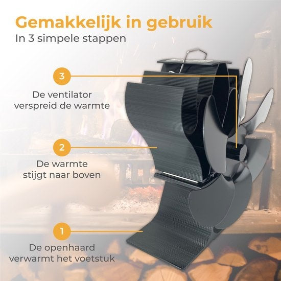 Nuvance - Kachelventilator voor Houtkachel - Inclusief Thermometer - Haardventilator - Kachel Ecofan - Warmte Ventilator - Zwart