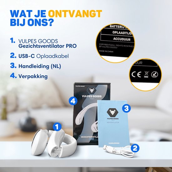 Vulpes Goods® Tech - Nek Ventilator - Draagbare Gezichtsventilator - USB ventilator - Mini Ventilator - Oplaadbaar - 3 standen - PRO Versie
