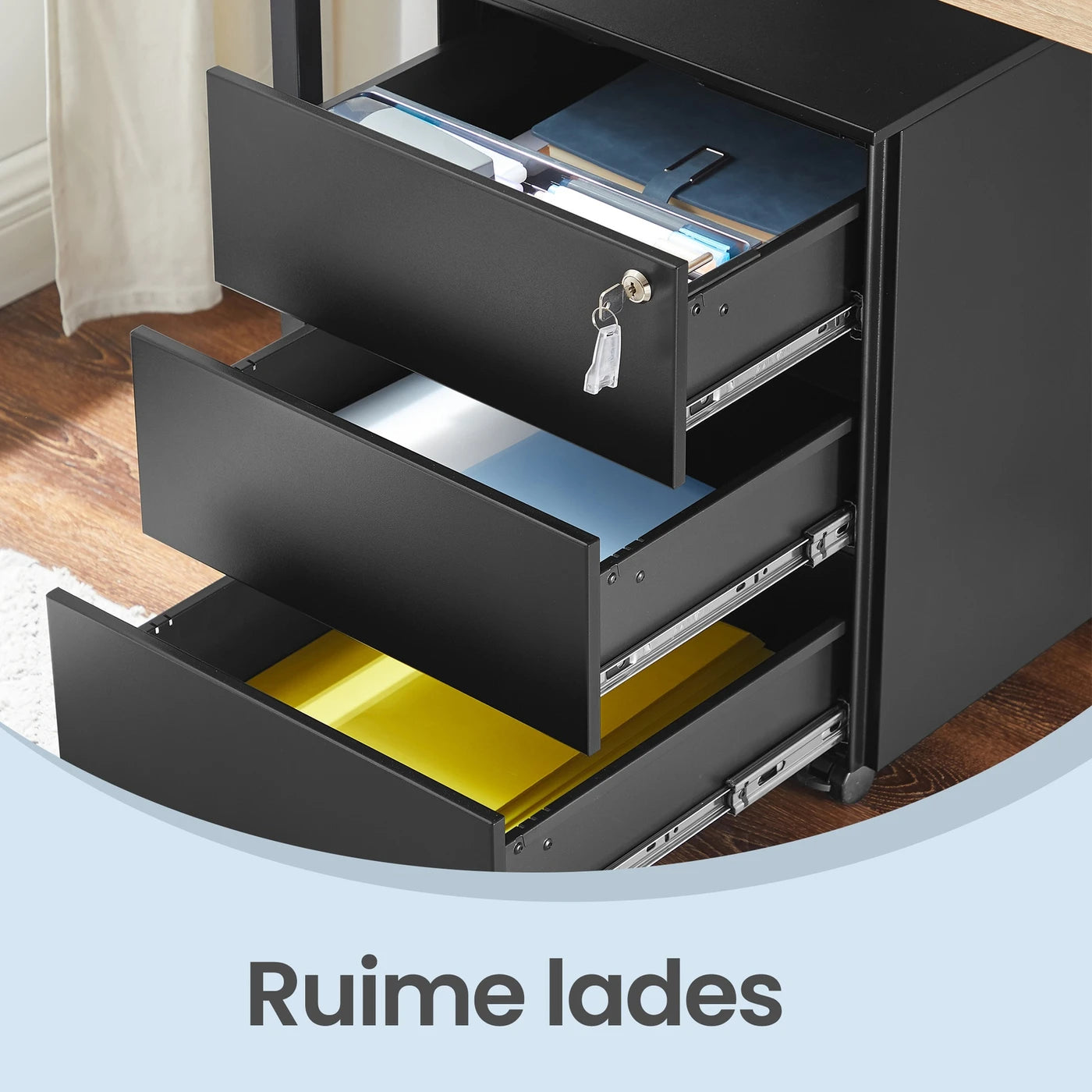 Ochama Matte Black Lockable Mobile File Cabinet – 3 Drawers, Pre-Assembled, Holds Documents & Stationery, 39 x 45.1 x 53.8 cm – Compact Storage for Office or Home Office
