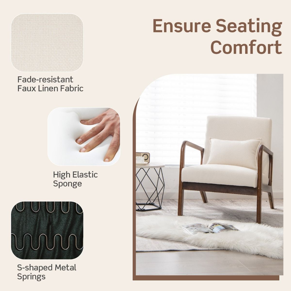 Coast Fauteuil Loungestoel Woonkamer Gestoffeerd met Armleuningen, Rubberhout, Beige, 65 x 79 x 77 cm