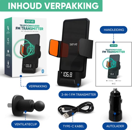 Serve 3in1 Bluetooth FM Transmitter, Telefoonhouder Auto & Draadloze Snellader 15W - Carkit voor Muziek - Telefoonhouders Auto Accessoires - Touchless Autolader - Ventilatie Houder