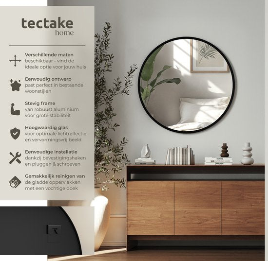 tectake® - Wandspiegel rond Fiona - Badkamerspiegel - Spiegel rond met stevig aluminium frame - Spiegel voor de badkamer, woonkamer of slaapkamer - Diameter van 80 cm