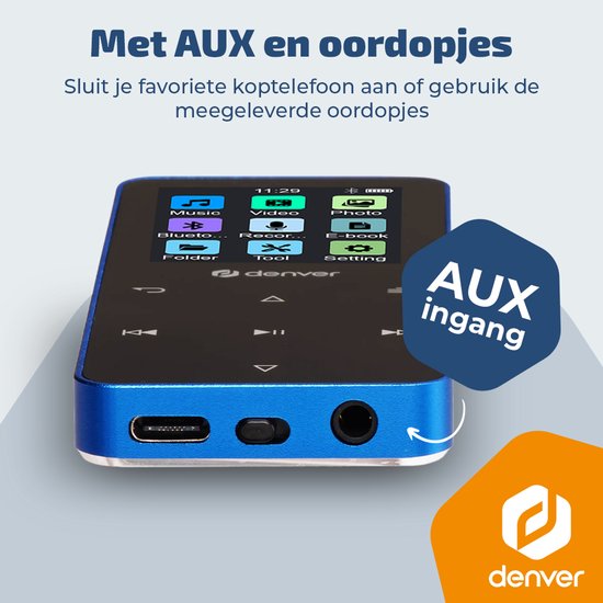 Denver MP3/MP4 Speler - Bluetooth - Shuffle/Herhaal - SD kaart tot 128GB - Incl. oordopjes - Dictafoon - MP1830BU - Blauw