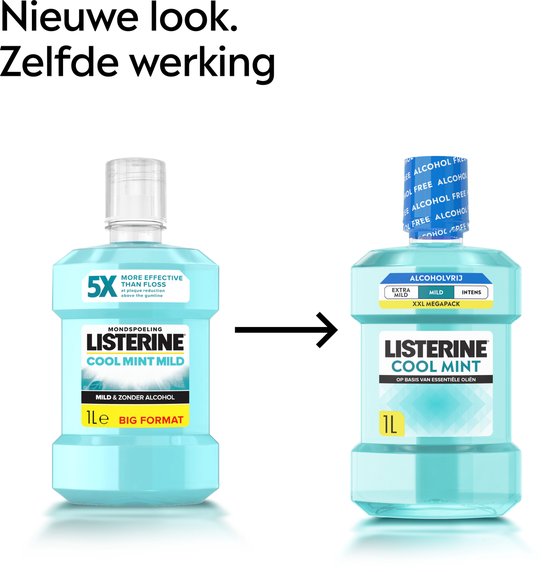 Listerine Cool Mint Mild Mondspoeling, Met Essentiële Oliën, Tegen Slechte Adem en Tandplak, Mild Muntsmaak, 1 L