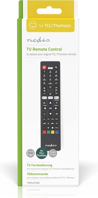 Nedis Vervangende Afstandsbediening - Geschikt voor: TCL/Thomson - Voorgeprogrammeerd - 1 Apparaat - Amazon Prime / Netflix Knop / Youtube Knop - Infrarood - Zwart