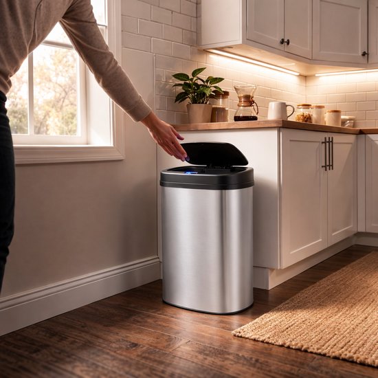 Bayt Prullenbak - Prullenbak 60 Liter - Prullenbak met Sensor - Vuilnisbak - Afvalbak - Metaal - Zilver