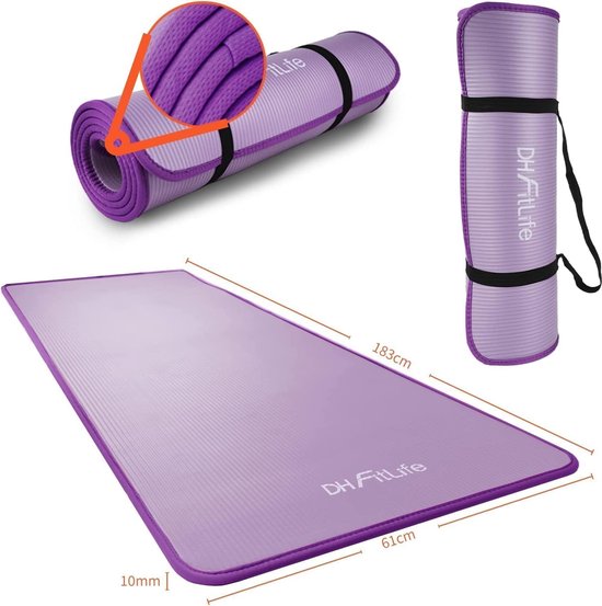 DH FitLife Trainingsmat, fitnessmat, sportmat, 183 x 61 x 1 cm, extra scheurvast, yogamat, antislip en dik, workout mat (paars)