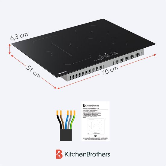 KitchenBrothers - Inductiekookplaat Inbouw - 70 cm - 4 Kookzones (2800W Per Zone) - Flex-zone & Turbo Boost - Glas & Keramiek - Zwart