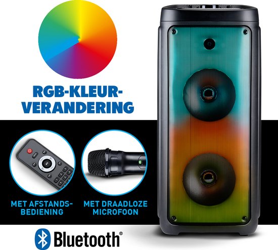 Bluetooth Speaker met Microfoon - Partybox met Sfeerverlichting - Muziek Box en Karaoke Set - Party Speaker met Bluetooth, Aux en USB Ingangen - Makkelijk te Verplaatsen met Handvat - Zwart