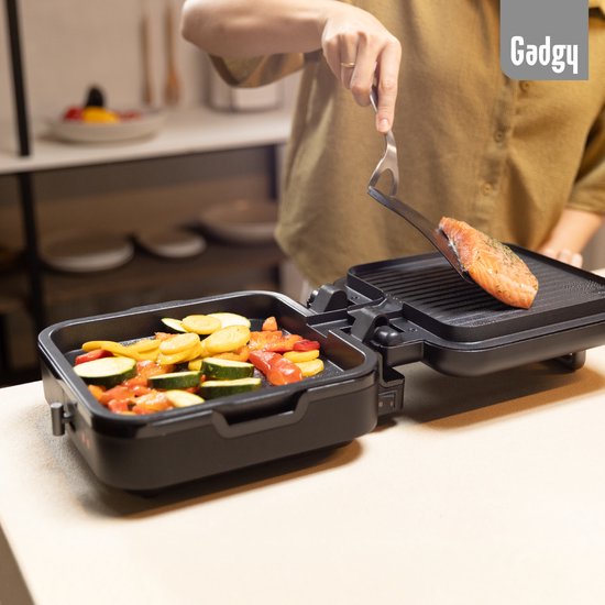 Gadgy Contactgrill 180° Draaibaar – 3-in-1 - Tafelgrill & Paninimaker – 1400W – Met Uitneembare Antiaanbakplaat en Openklapbaar – Temperatuurregelaar – Vetarm Grillen - Cooltouch