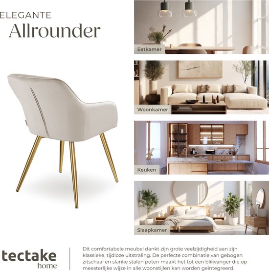 tectake® Eetkamerstoel Marilyn - Met Armleuningen - Elegante Stoel met Gevoerde Zitting in Fluweellook - Gestoffeerd - Gouden Metalen Poten - Ergonomische Keukenstoel - Stoel voor Woonkamer, Eetkamer en Slaapkamer - Taupe