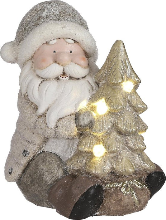 House of Seasons Kerstman Kerstbeeld met Verlichting - Polyresin - 22.5 x 21.5 x 25.5 cm - Grijs