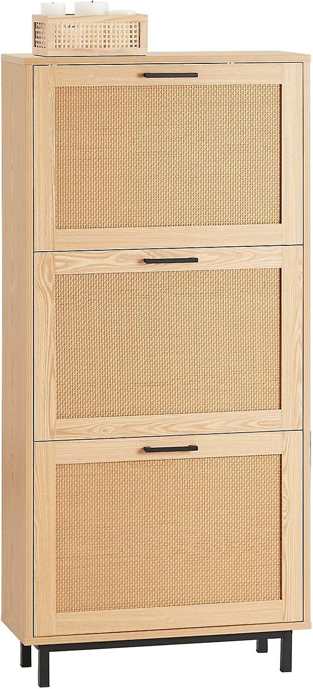 SoBuy schoenenkast met 3 kleppen - rotanlook – smal design – 60 x 24 x 127 cm – naturel