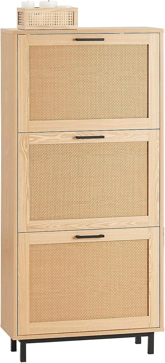 SoBuy schoenenkast met 3 kleppen - rotanlook – smal design – 60 x 24 x 127 cm – naturel