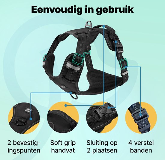 Jake & Jacky Hondentuig – Anti-Trek Y-tuig met Reflecterende Naden – Maat L – Zwart