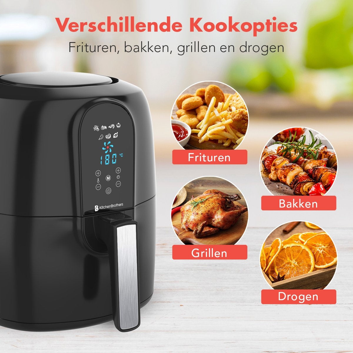 KitchenBrothers Airfryer XXL – 7,2L Inhoud & 7 Voorinstellingen – 1890W – 39 x 33,5 x 36,7 cm – Zwart